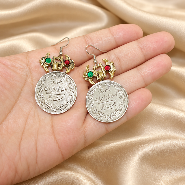 Vintage SIlver Coin Earrings With Multi Stones