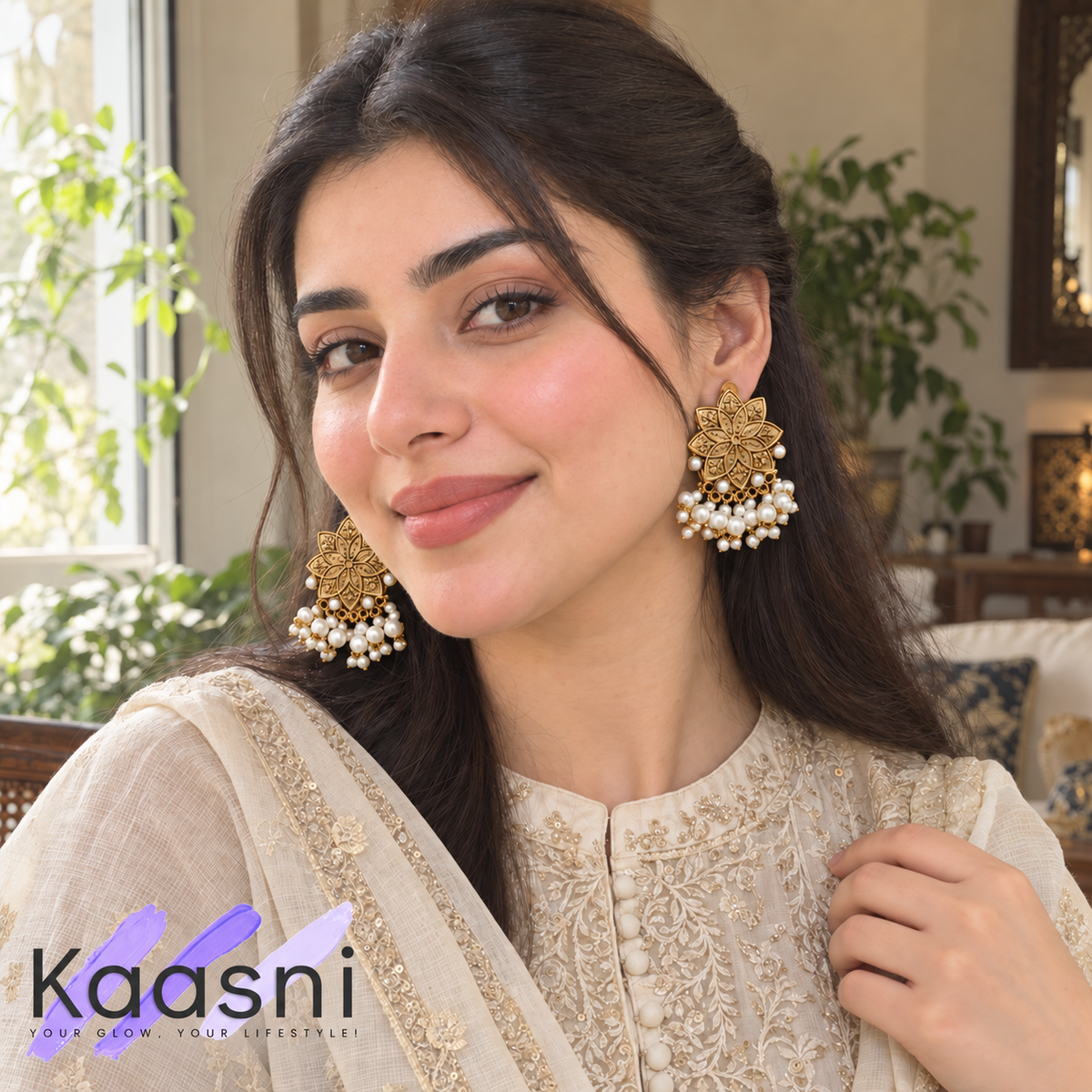 Kanwal Antique Earrings – Gold-Tone Floral Earrings with Pearls