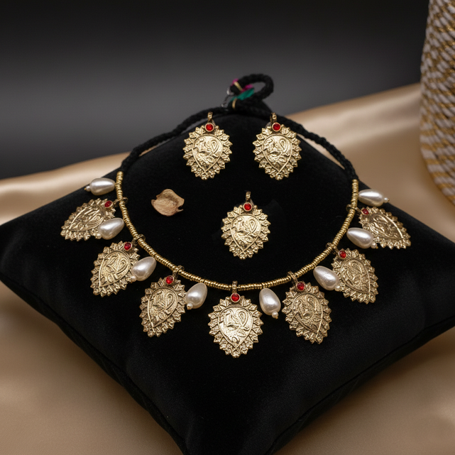 Antique Leaf Design Jewellery Set with Pearls | Handmade Pakistani Jewellery