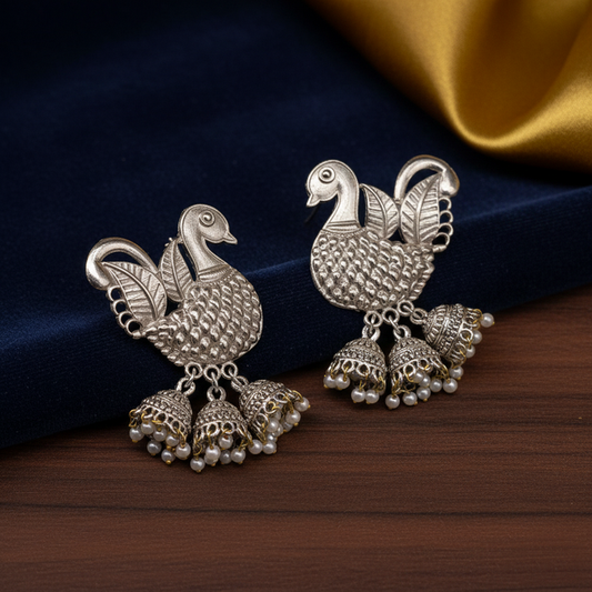 Antique Silver Swan Motif Jhumka Earrings with Pearl Droplets