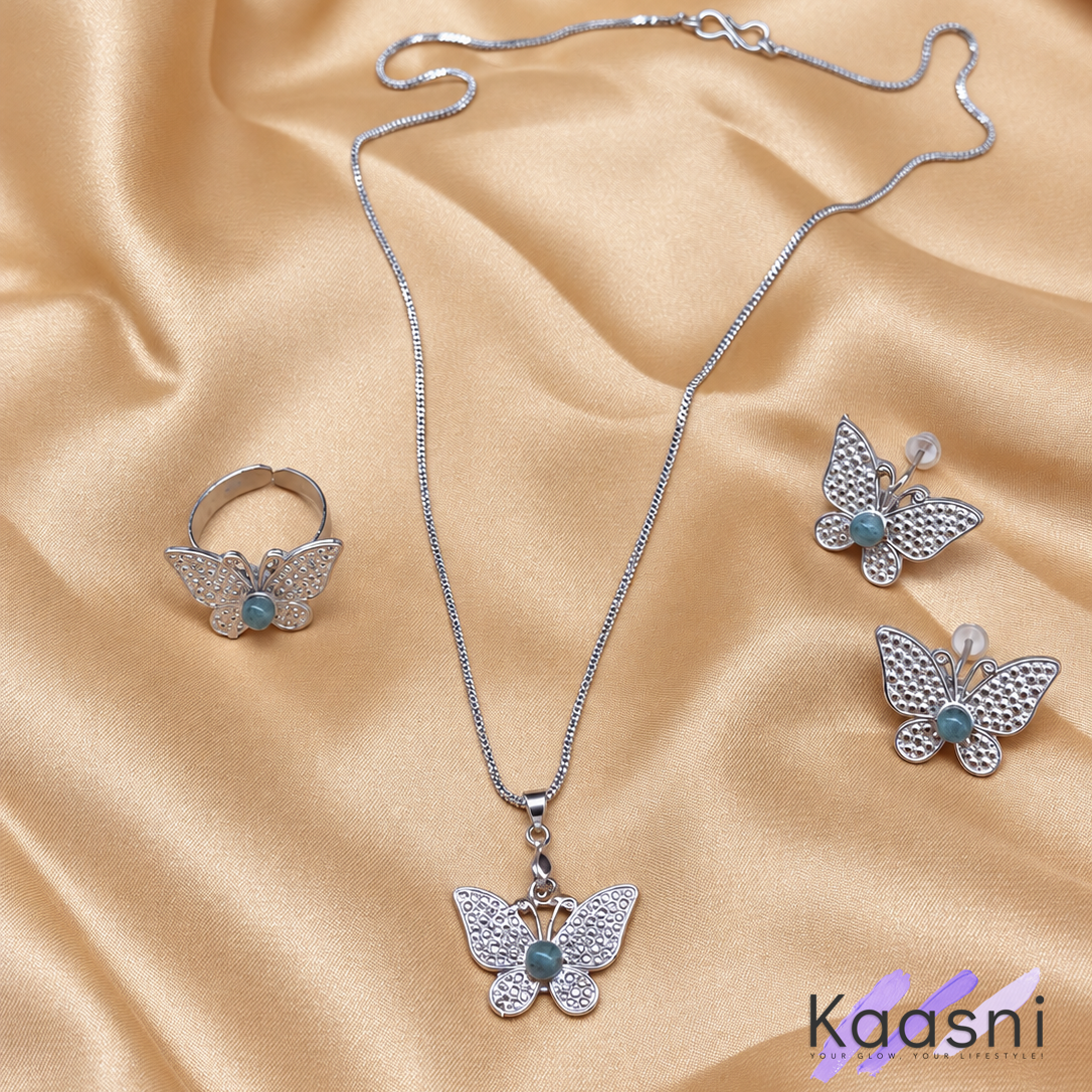 Handmade Antique Silver Butterfly Set with Tourmaline Stones