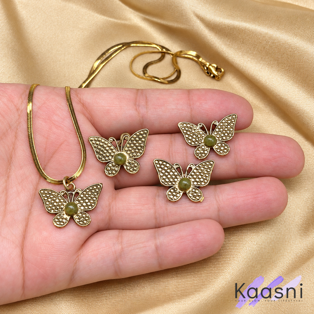 Handmade Antique Golden Butterfly Set with Tourmaline Stones