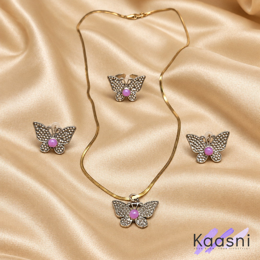 Handmade Antique Golden Butterfly Set with Tourmaline Stones