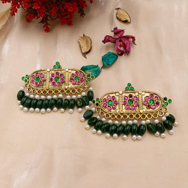 Green 3-Phool Earrings - Handmade