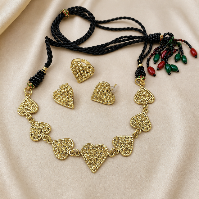 Ishq Heart Set – Antique Heart Choker Set with Earrings & Ring | Kaasni