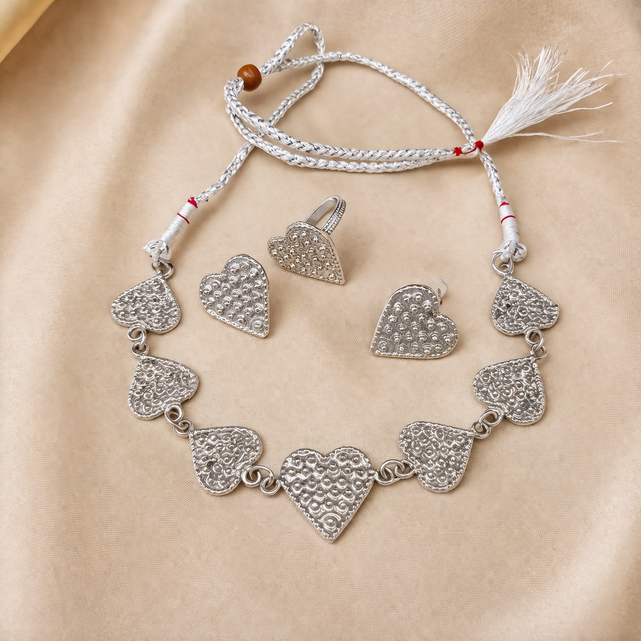 Ishq Heart Set – Antique Heart Choker Set with Earrings & Ring | Kaasni