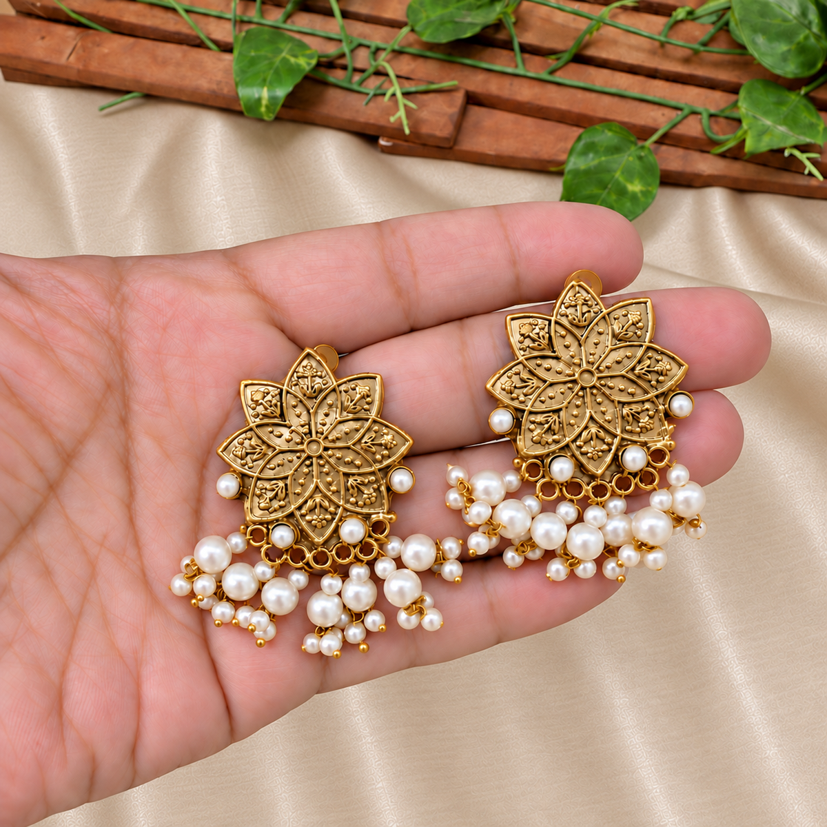 Kanwal Antique Earrings – Gold-Tone Floral Earrings with Pearls