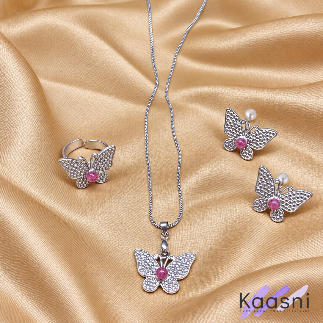 Handmade Antique Silver Butterfly Set with Tourmaline Stones