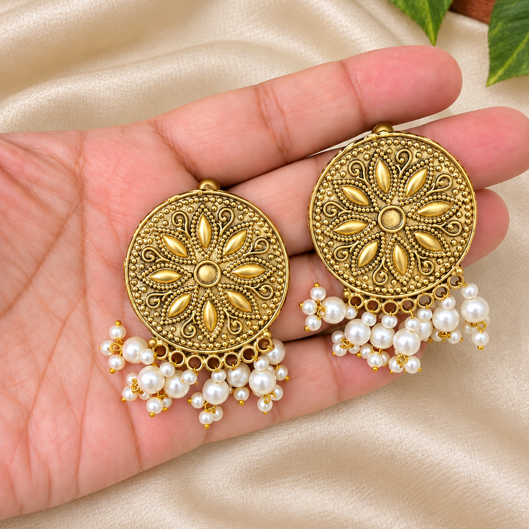 Rosette Antique Gold Pearl Earrings