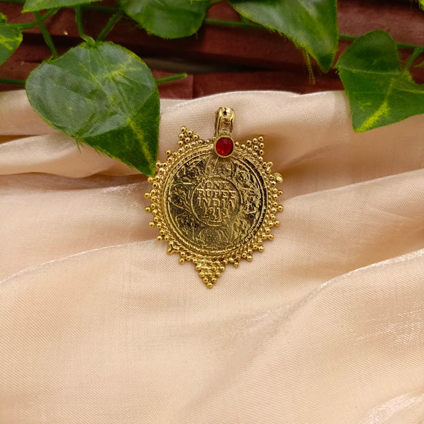 Antique Golden Coin Ring with Top Stone - Adjustable