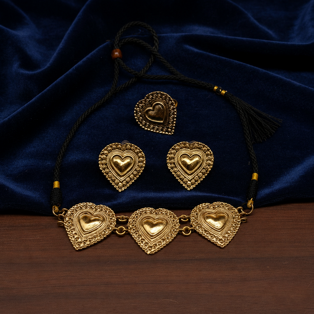 Triple-heart set with plain dori - Premium Antique Finish