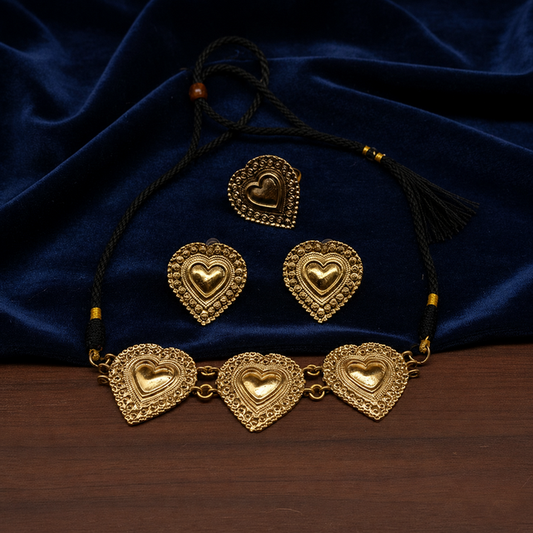 Triple-heart set with plain dori - Premium Antique Finish